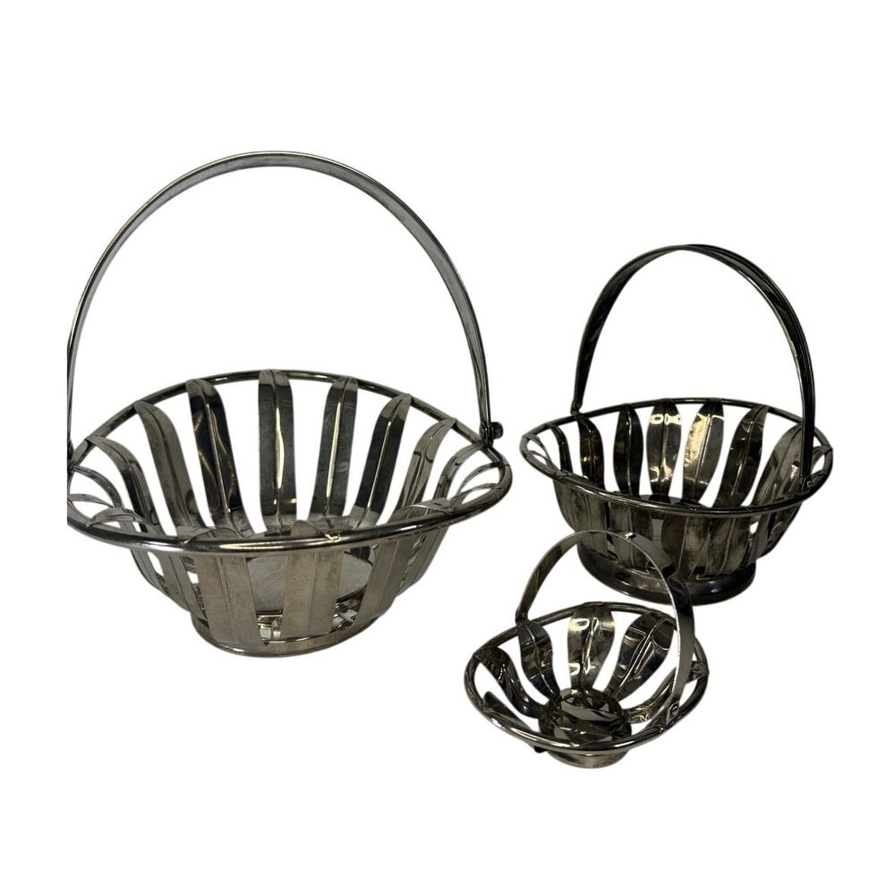 Vintage Silver-tone Openwork Basket Set of 3 Graduated handles Serveware